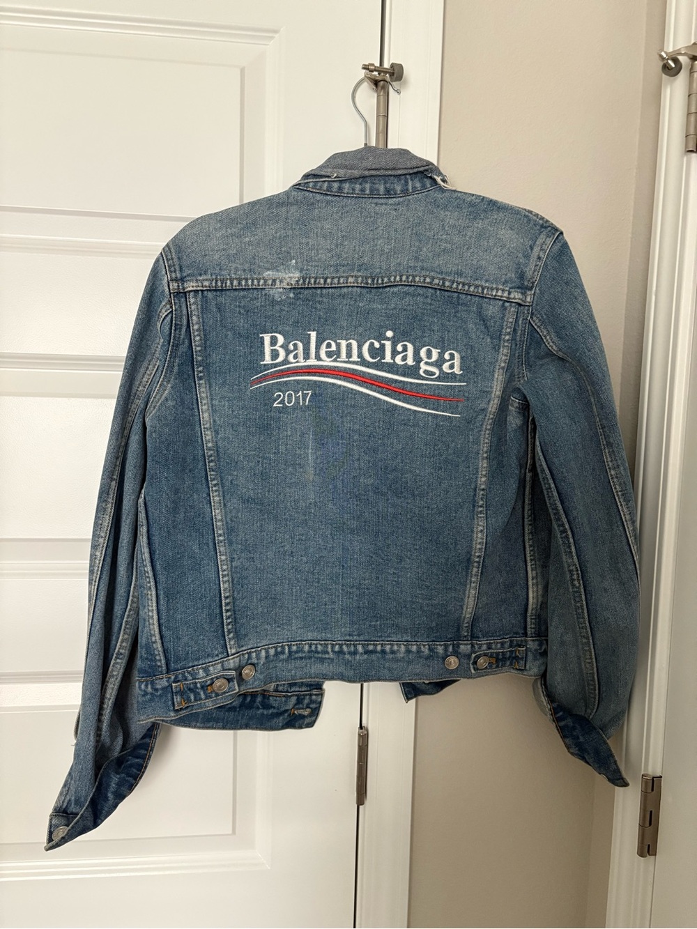 Balenciaga Denim Jean Jacket with White and Red Accents